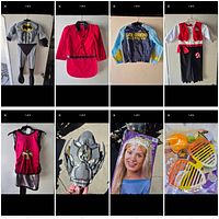 Overview collage showing five costumes and accessories