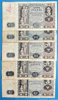 Fronts of five 20 złotych notes showing portrait, denomination and serials