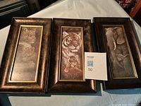 Three framed wildlife prints side by side