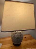 Lamp full view showing ceramic base and shade