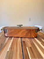 Full view of copper fish poacher with lid on, brass handles visible