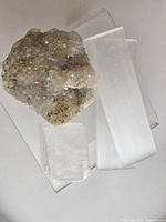 Group view of quartz cluster, two selenite slabs and calcite block