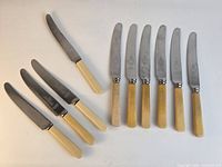 Group shot of all 10 knives showing blade shapes, handle colors, ferrules and brand stamp visibility