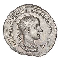 Obverse view of Gordian III AR double denarius showing radiate bust and legend