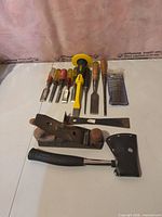 Overall view of all woodworking hand tools laid out