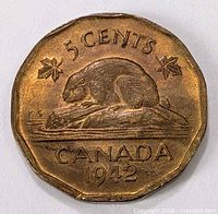 Reverse of 1942 Canadian 5 cents showing beaver design
