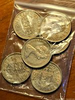 Six one shilling coins in bag, obverse and reverse designs visible