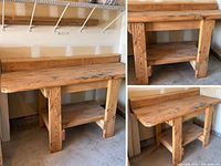 front view of entire solid wood workbench showing rear lip and shelf