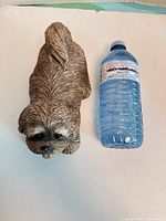Top view of Sandicast Shih Tzu figurine beside water bottle for scale