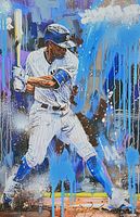 Close view of painting subject showing baseball player and paint splatter details