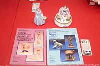 Two Royal Doulton mini figurines and two collector books about Royal Doulton Beswick Storybook and Wade Whimsical figurines on red surface.