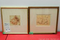 Two framed prints side by side on a red table. Left is a square 11x11 inch print labeled Caravaggio style. Right is a slightly larger rectangular print of children.
