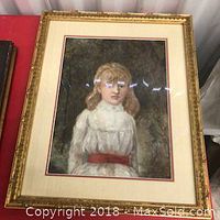 Framed antique oil painting of a young girl in white dress with red sash, signed T. Workman, dated 1888.