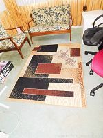 Full view of carpet on green carpeted floor with nearby furniture