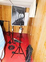 Full view of Newer 250DI studio flash light with softbox attached on an adjustable black metal light stand in a room with wood panel walls and red floor.