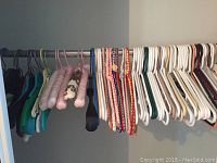 Photo showing a variety of hangers on a closet rod including padded, braided fabric, plastic, and wooden types.