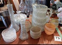 Photo showing large patterned pitcher, five small matching cups in various colors, stack of small dishes, and cut-glass candy bowl with lid arranged on table.