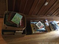 Two cardboard boxes filled with assorted books in varying sizes, with one box also holding a magnifying glass on top.
