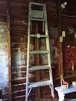 Front view of the aluminum step ladder, showing six rungs with paint splatters and signs of wear.