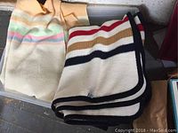Two folded blankets in a plastic bin; one with classic Hudson Bay stripes and black edging, the other with pastel stripes on fleece material.