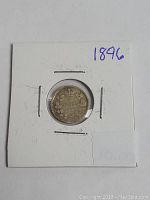 Front side of 1896 Canada silver five cent coin in white cardboard holder with year marked.