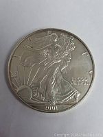 Front side of the 2001 USA Silver Walking Liberty Dollar Coin showing detailed Liberty figure, sun rays, and inscriptions.