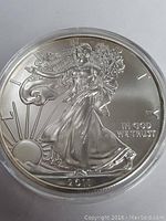 Obverse side of 2011 USA Silver Dollar Walking Liberty silver coin, showing the detailed figure of Liberty with year 2011, in capsule.