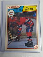 Front view of the 1983-84 Guy Lafleur hockey card in protective sleeve.