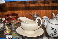 White embossed gravy boat with matching plate, and Murano perfume bottle with red glass goblet