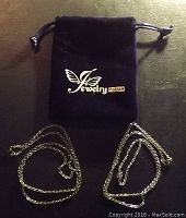 Photo of two silver-tone necklace chains laid flat beside a black cloth pouch with Jewelry Palace logo