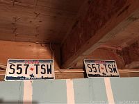 Pair of Texas license plates with number S57-TSW displayed on a basement shelf.