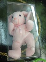 Pink Hoppity Beanie Baby inside clear collector box showing front and side views with tags visible.