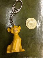 Front view of a yellow Simba figure keychain next to a coin for size reference.