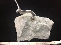 Metal bird sculpture with a smooth, modern curved design mounted on a rough stone base, showing the front view and approximate size with ruler.