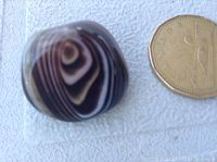 Close-up photo of a tumbled banded agate stone placed beside a Canadian one-dollar coin for size reference.