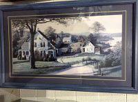 Black and white framed rural home landscape painting with trees and road