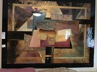 Front view of the large framed abstract artwork showing geometric shapes and a mix of earthy and pastel tones in a black frame.