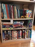 Full view of laminate bookshelf showing shelves stocked with various books, VHS tapes, DVDs, and a lion toy figurine on the middle shelf.