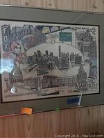 Framed collage picture with city skyline, transit bus, and Varsity sign
