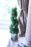 Single faux spiral topiary tree in square fluted planter by window