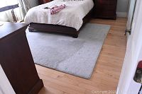 Light gray wool pile area rug under and around a wooden bed in a bedroom, showing general wear and minor soiling.