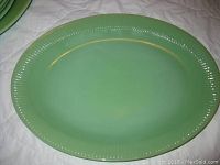 Photo showing one green oval platter with ribbed edge on white background.