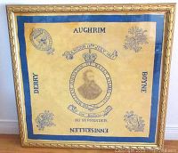 Framed Irish silk flag showing portrait of William Johnston with date 19th July 1867 and political symbols
