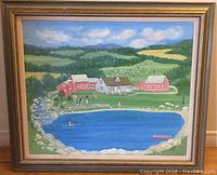 Framed oil painting showing a detailed rural Quebec farmhouse scene with people and a pond.