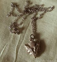 Photo of the entire silver chain with thistle pendant, showing the clasp and chain links.