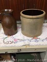 Photo of both the earthenware crock and brown pitcher showing overall appearance and condition.
