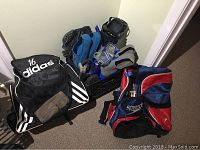 Photo showing the snorkel gear including the Adidas and Speedo mesh bags, two pairs of fins, snorkel mask, and snorkel.