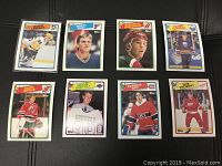 Photo of 8 individual hockey cards laid out on a surface showing players including Mario Lemieux, Brett Hull, Brendan Shanahan, and Wayne Gretzky.