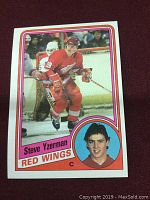 Front of the 1984 Steve Yzerman rookie card showing player in Detroit Red Wings uniform on ice with portrait inset.