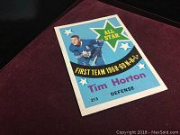 Close-up photo of the 1968-69 Tim Horton hockey card showing front design with All Star text and Tim Horton's photo.
